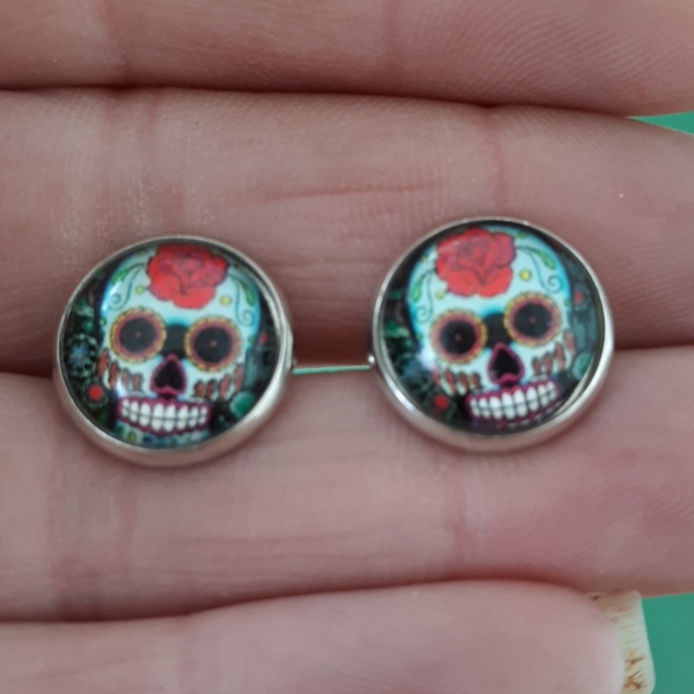 New Day of the Dead Sugar Skull Glass Cabochon Silver Stud Earrings.
